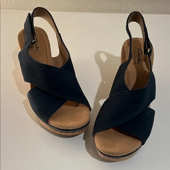 Clarks Dark Blue Wedge Sandals - Picture 2 of 11